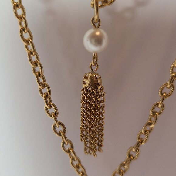 Vintage Gold-Tone Layered Chain Necklace with Faux Pearl & Tassel Drops - Picture 4 of 6